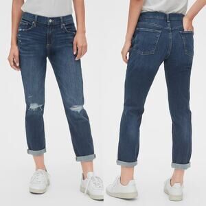 GAP 0/25 Girlfriend Mid Rise Distressed Raw Hem Rigid Denim Jeans